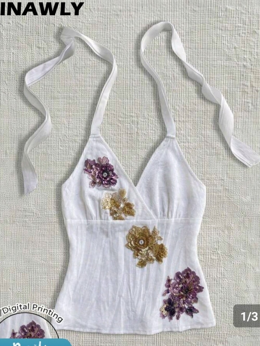 White 3 D FLORAL  Tank Top